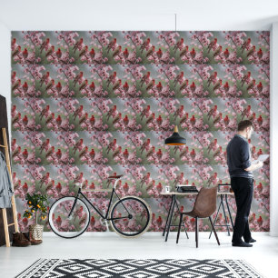 Three Red Finches On Blossom Tree, Wallpaper