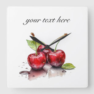 three red juicy cherries in watercolor square wall clock