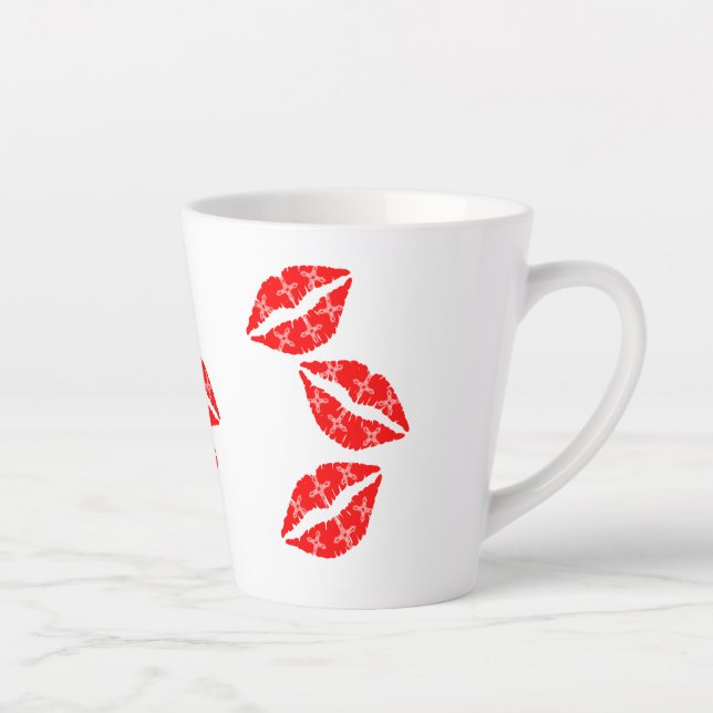 Three Red Lipstick Kisses with White pattern Gift Latte Mug (Right)