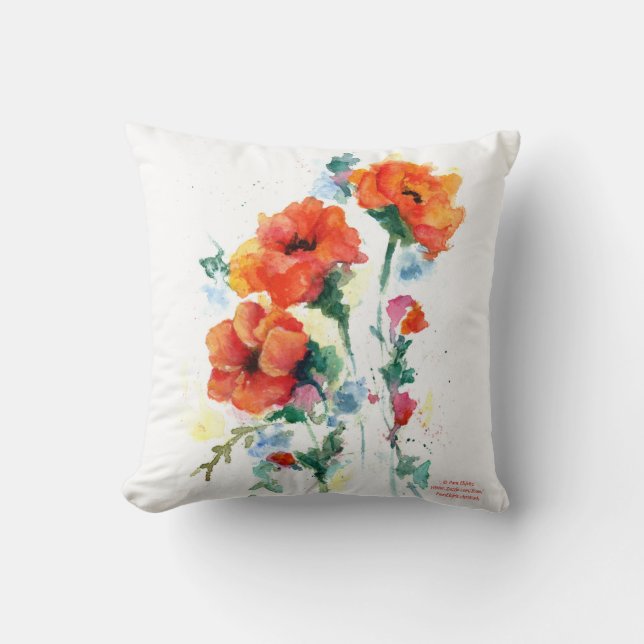 Three red long stemmed poppies watercolor cushion (Front)