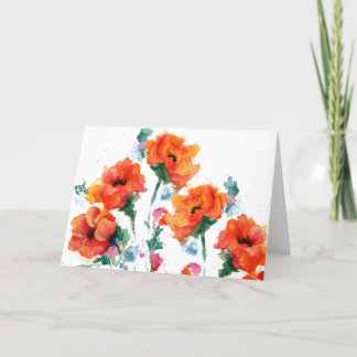 Three red long stemmed poppies watercolor  holiday card
