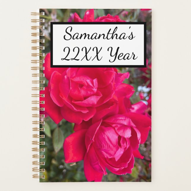 Three Red Rose Flower Custom Text Planner (Front)