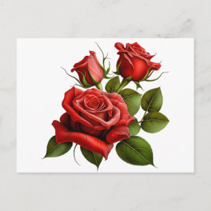 Three Red Roses with Green Leaves on White Holiday Postcard