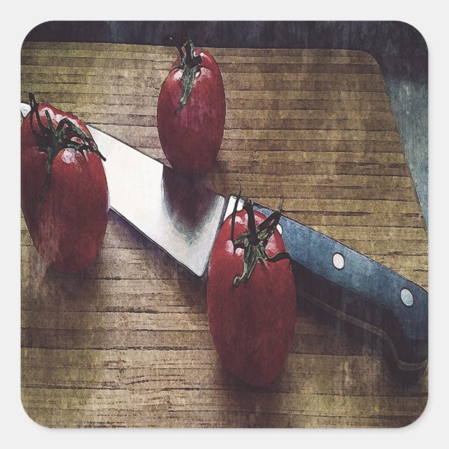 Three red tomatoes on a chopping board   square sticker (Front)