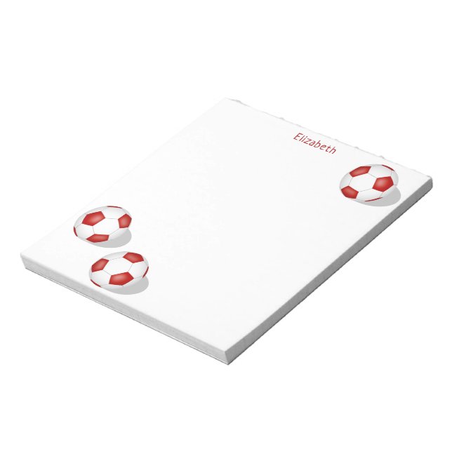 three red white soccer balls personalised notepad (Rotated)