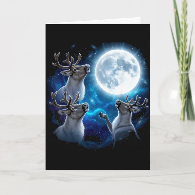 Three Reindeer Howling At The Moon Merry Christmas Card (Front)