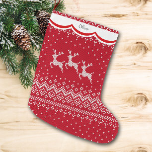 Three Reindeer Red Nordic Pattern Large Christmas Stocking