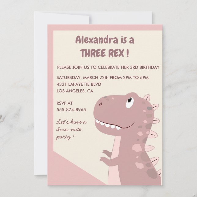 Three rex birthday invitation 3 rex  Cute Girl (Front)