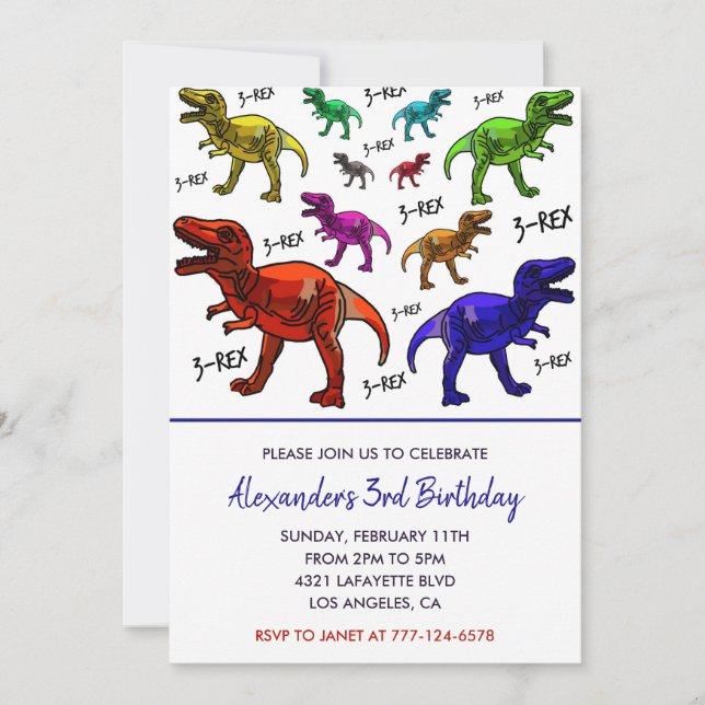 Three rex birthday invitation colourful boy  (Front)