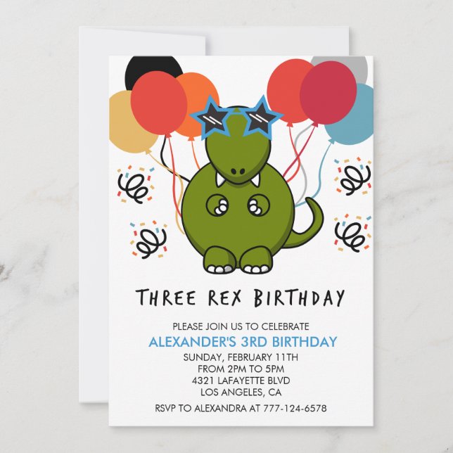 Three rex birthday invitation dinosaur 3rd Cool (Front)