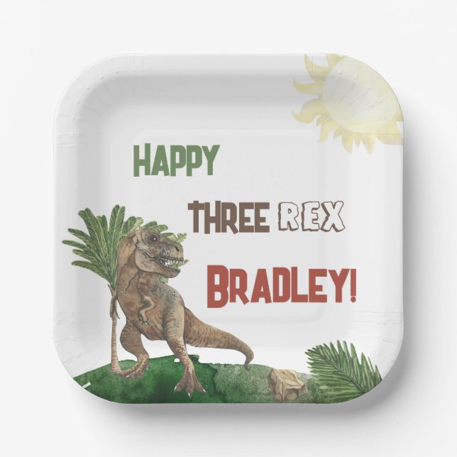Three Rex Birthday Watercolor Paper Plate (Front)