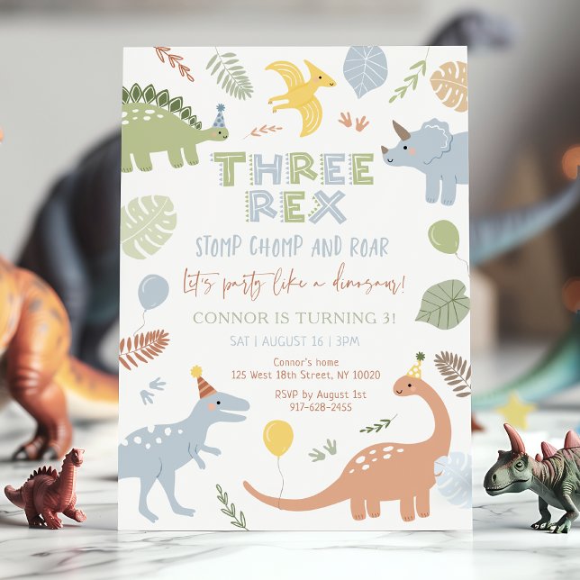 Three Rex Blue Boy Dinosaur Birthday Invitation (Creator Uploaded)