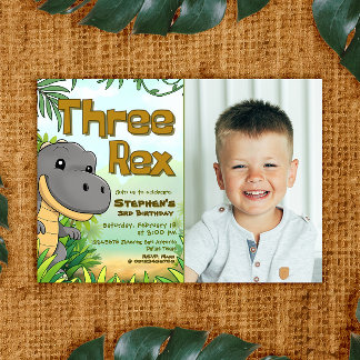 Three Rex Boy 3rd Birthday with Photo Invitation