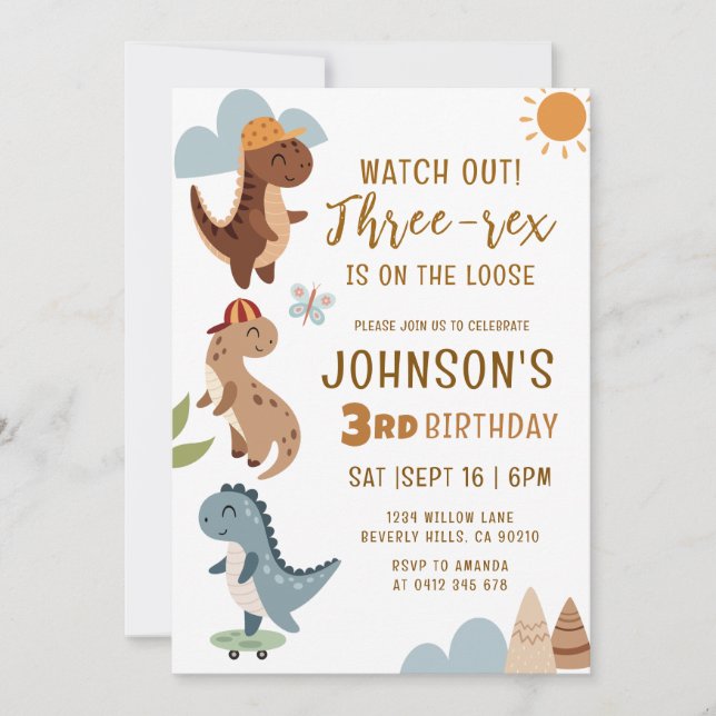 Three-rex Boy Dinosaur 3rd Birthday Party  Invitation (Front)