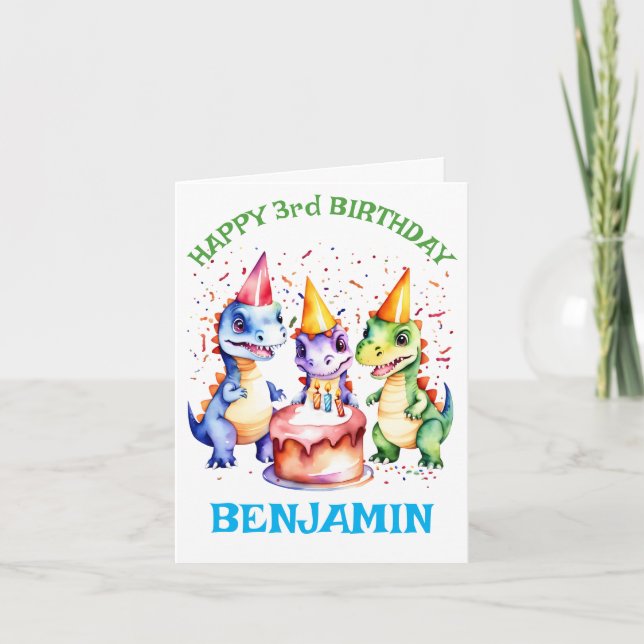 Three rex cute dinosaurs birthday greeting card (Front)