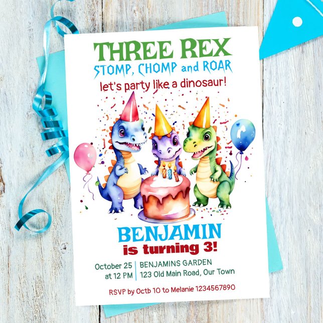 Three rex cute dinosaurs birthday party invitation (Three rex cute dinosaurs in party hats birthday party template invitation instant digital download )