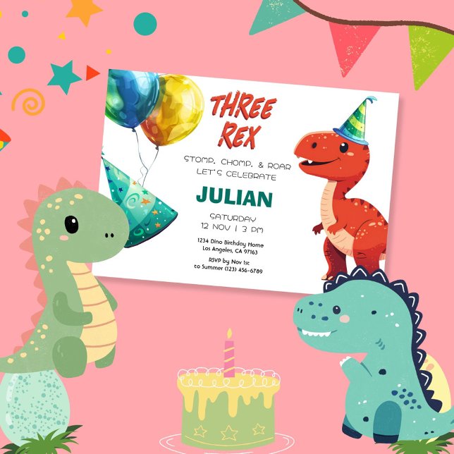 Three Rex Cute Tyrex Dinosaur Birthday Invitation (Creator Uploaded)
