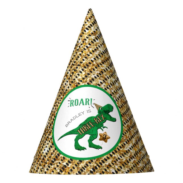 Three-Rex Dinosaur 3rd Birthday Party Hat (Front)