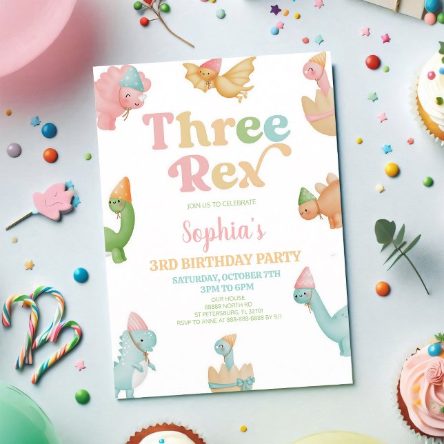 Three Rex Dinosaur 3rd Birthday Party Invitation (Creator Uploaded)
