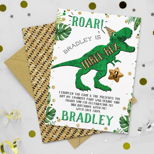 Three-Rex Dinosaur 3rd Birthday Thank You Card