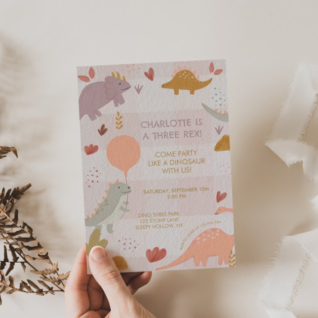 Three Rex Dinosaur 3rd Girl Birthday Invitation (Creator Uploaded)