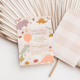 Three Rex Dinosaur 3rd Girl Birthday Invitation