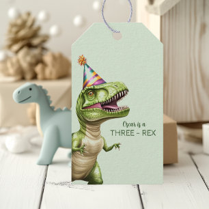 Three-Rex Dinosaur Birthday Gift Tags   Green Dino
