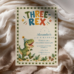Three Rex Dinosaur Birthday Green Chequered Invitation