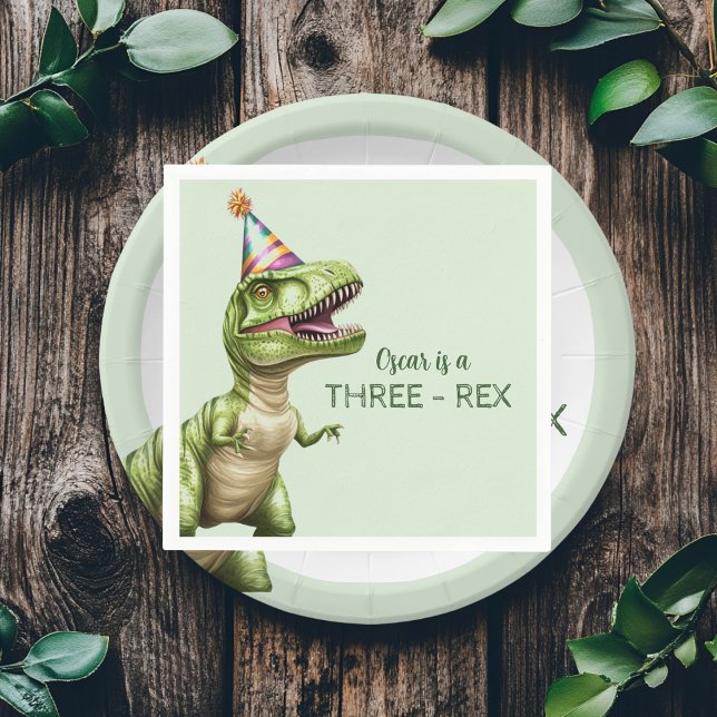 Three-Rex Dinosaur Birthday | Green Dino  Napkin (Creator Uploaded)