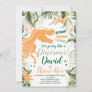 Three-Rex Dinosaur Birthday Party, Dino T-Rex Invitation
