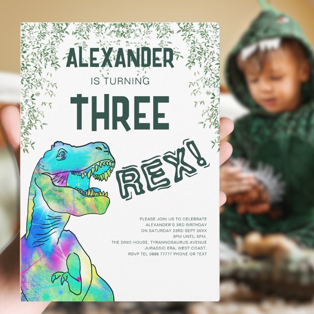 Three Rex Dinosaur Birthday Party Invitation (Three rex dinosaur 3rd birthday party with modern colorful T-Rex and Jurassic jungle foliage)