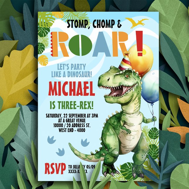Three-Rex Dinosaur Birthday Party Invitation (Stomp, Chomp & Roar - get ready to party like dinosaur with our three-rex invitation!)