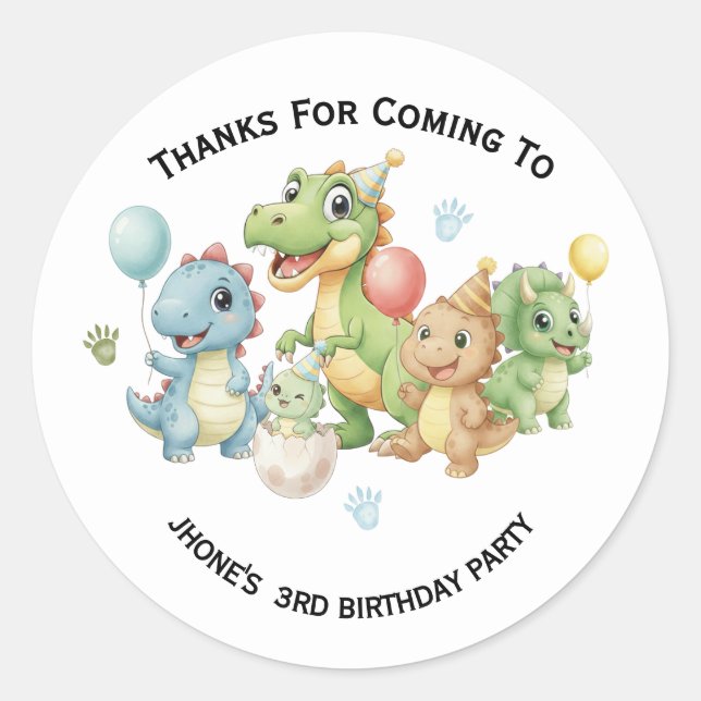 Three-Rex Dinosaur Birthday Thank You Sticker (Front)