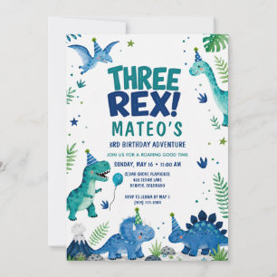 Three Rex Dinosaur Blue Watercolor 3rd Birthday Invitation