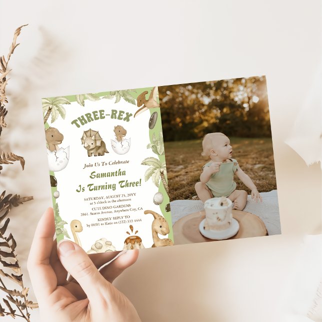 Three Rex Dinosaur Boy 3rd Birthday Party Photo Invitation (Creator Uploaded)