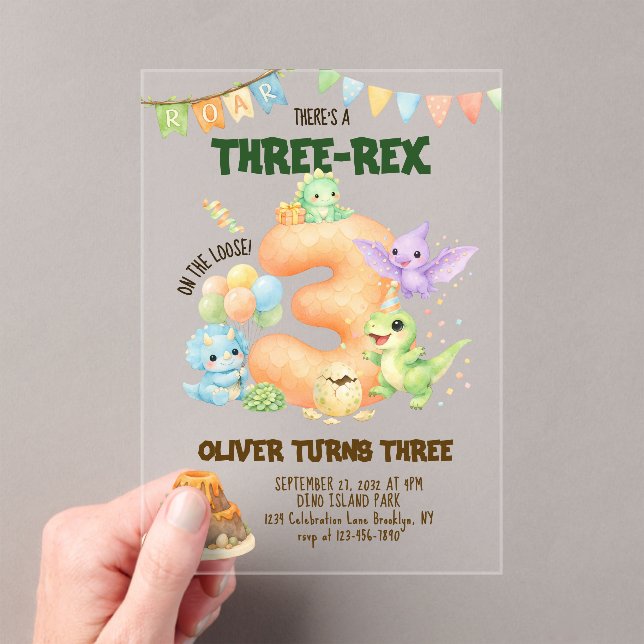 Three-Rex Dinosaur Cute Dino 3rd Birthday Acrylic Invitations (Insitu (Handheld))