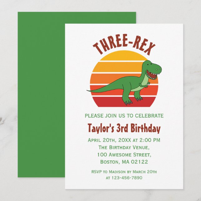 Three Rex Dinosaur Fun Gender Neutral 3rd Birthday Invitation (Front/Back)