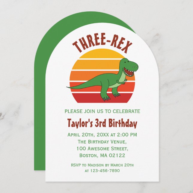 Three Rex Dinosaur Fun Gender Neutral 3rd Birthday Invitation (Front/Back)