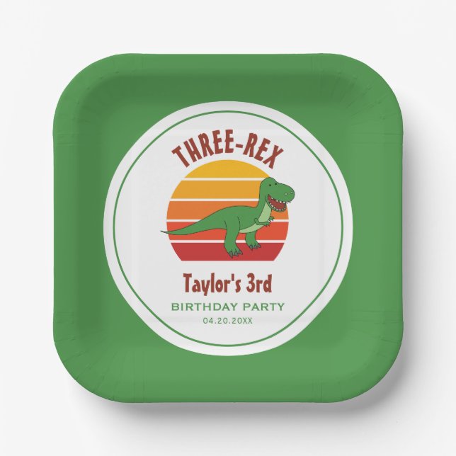Three Rex Dinosaur Gender Neutral Fun 3rd Birthday Paper Plate (Front)