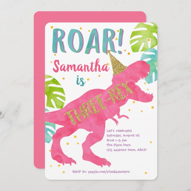 Three-rex, Dinosaur, Girl, Third Birthday Invitation (Front/Back)