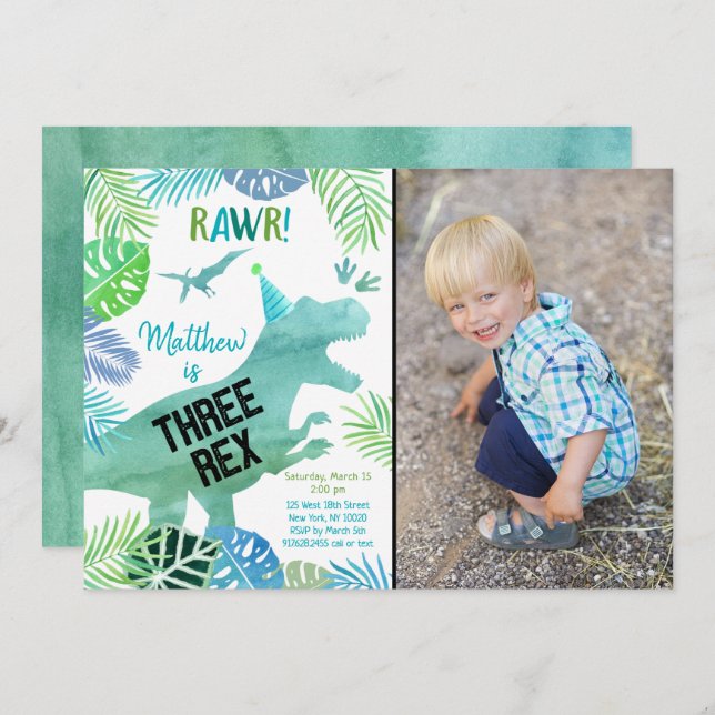 Three Rex Dinosaur Greenery Birthday Invitation (Front/Back)