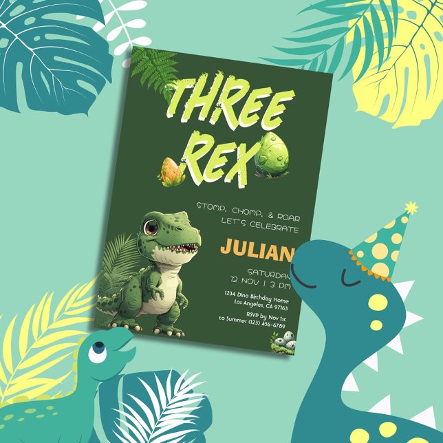 Three Rex Dinosaur Kids Birthday Invitation (Creator Uploaded)