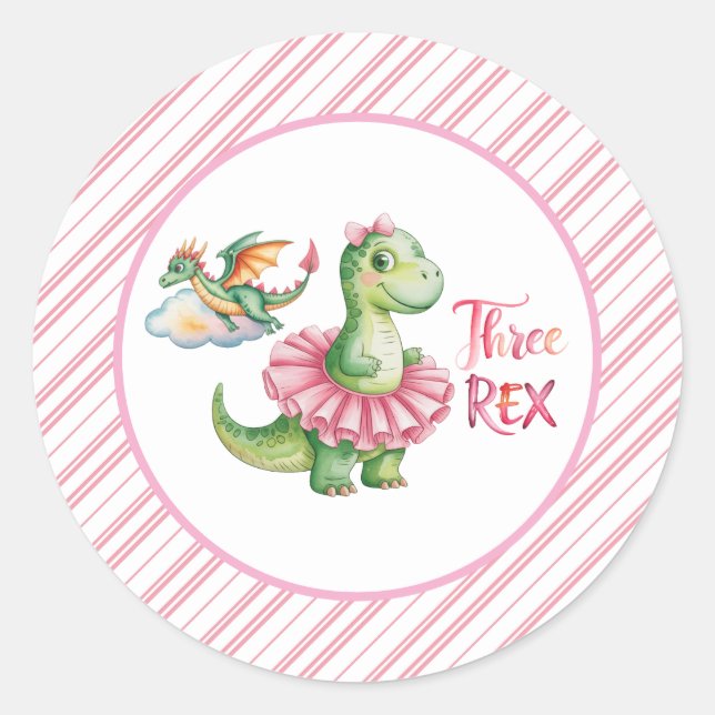 Three Rex Girl Birthday Party Classic Round Sticker (Front)