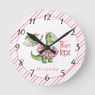 Three Rex Girl Birthday Party Round Clock