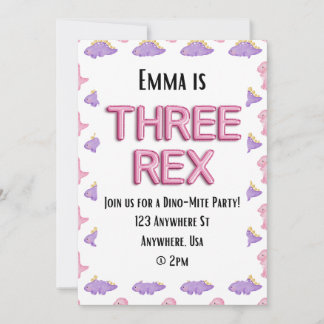 Three Rex Girl Dinosaur Birthday Party Invitation