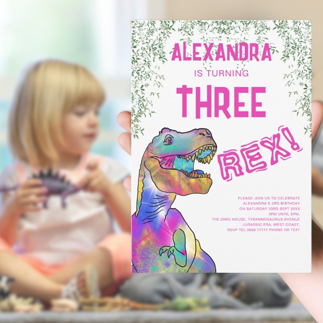 Three Rex Girls Dinosaur Birthday Party Invitation (Three rex girls dinosaur 3rd birthday party invitation with colorful T-Rex and pink typography )