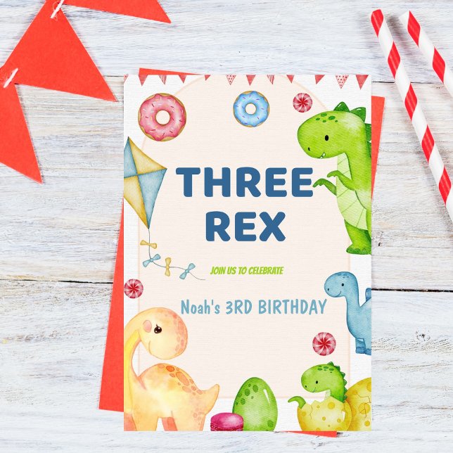 Three Rex Kids Dinosaur 3rd Birthday Party Invitation (Creator Uploaded)