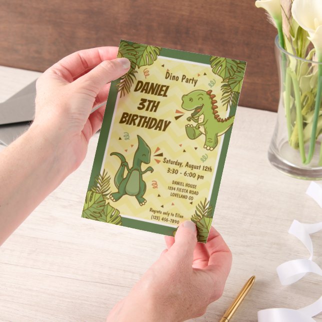 Three Rex Kids Dinosaur 3rd Birthday Party Vellum Invitations (Handheld)