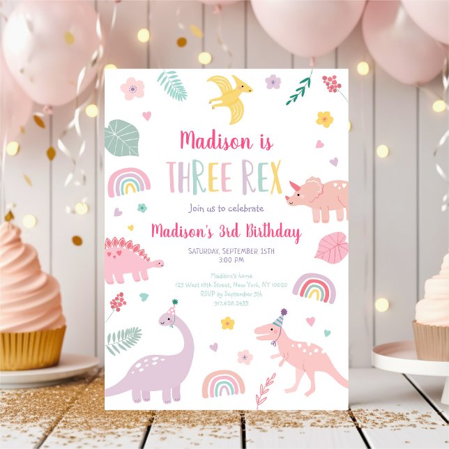 Three Rex Pink Boho Dinosaur Birthday Invitation (Creator Uploaded)