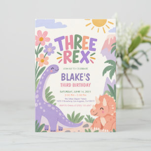 Three Rex Pink Dinosaur Girl Birthday Party Invitation